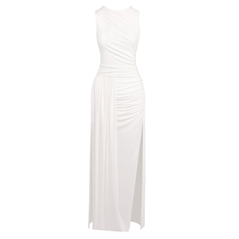 Asymmetric Draped White Maxi Dress H6884
