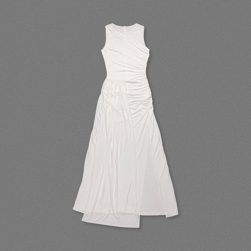 Asymmetric Draped White Maxi Dress H6884