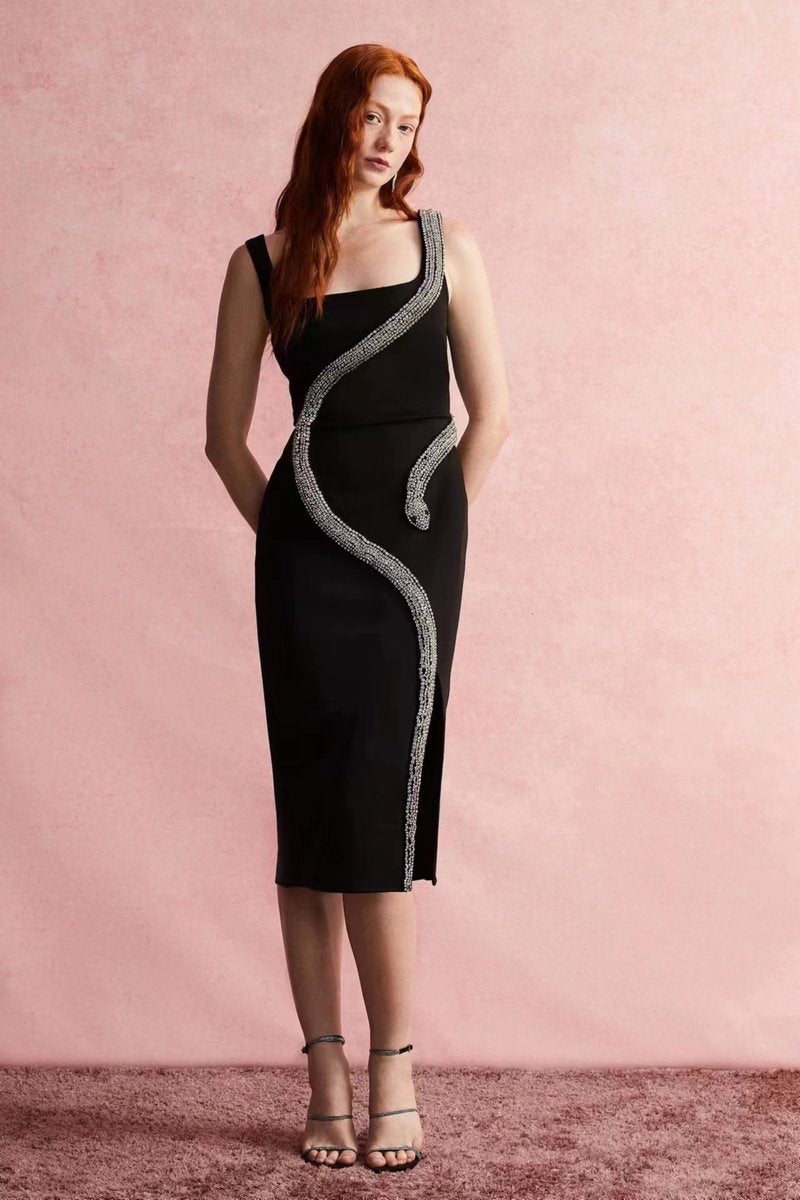 Asymmetrical Beaded Black Midi Dress H6152