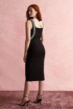 Asymmetrical Beaded Black Midi Dress H6152