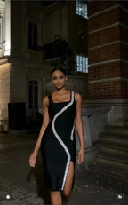 Asymmetrical Beaded Black Midi Dress H6152