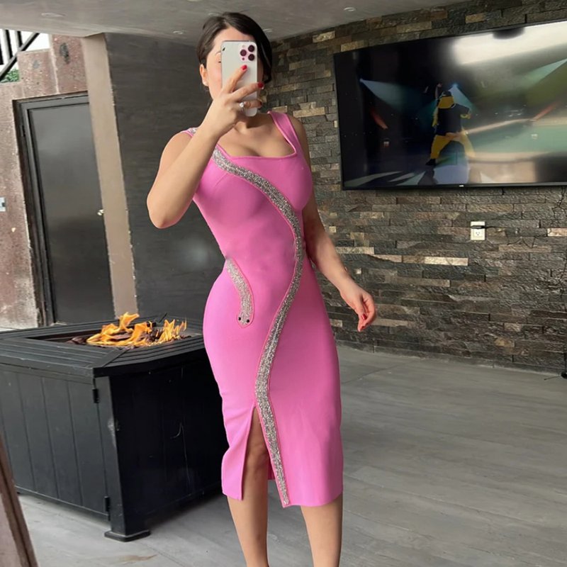 Asymmetrical Beaded Black Midi Dress H6152