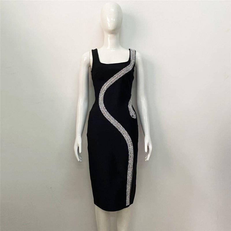 Asymmetrical Beaded Black Midi Dress H6152