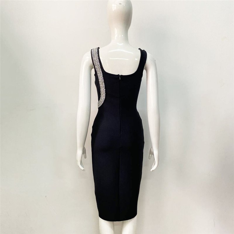 Asymmetrical Beaded Black Midi Dress H6152