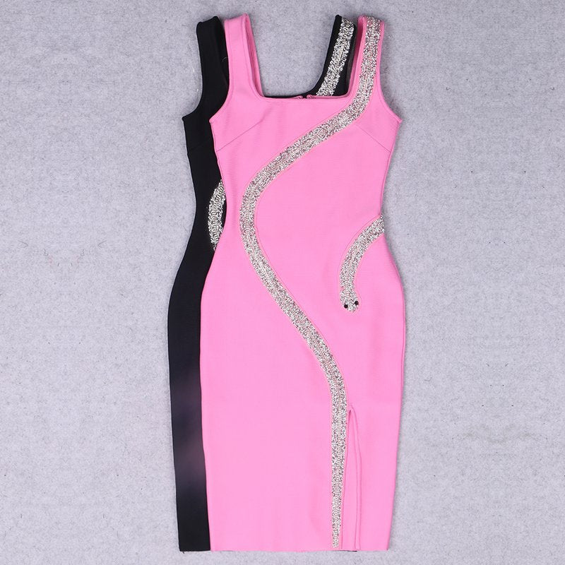Asymmetrical Beaded Black Midi Dress H6152