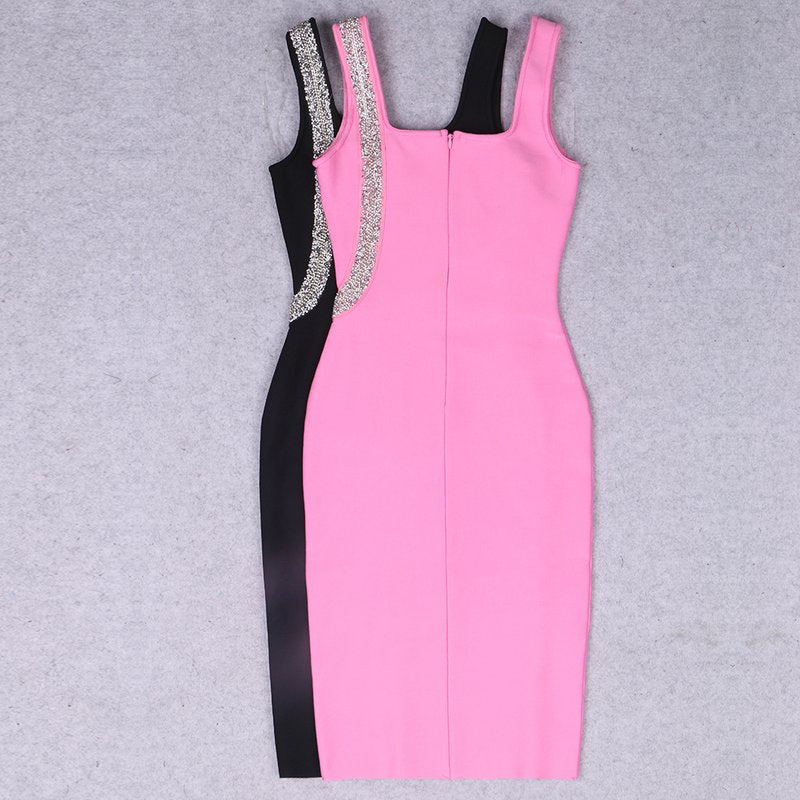 Asymmetrical Beaded Black Midi Dress H6152