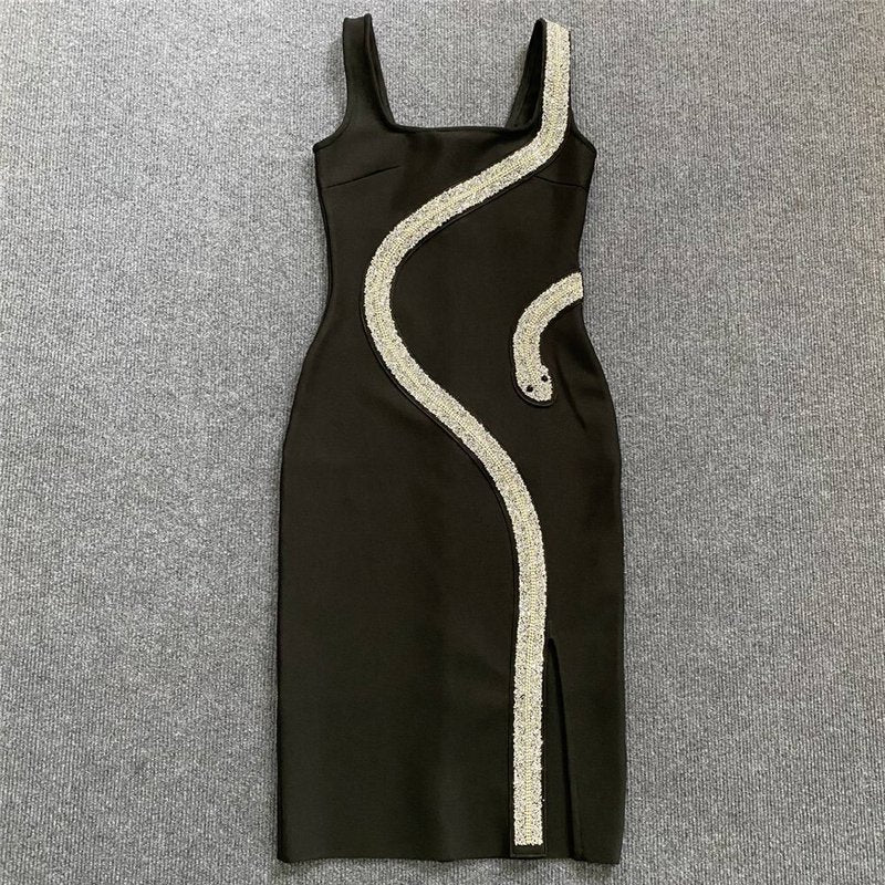Asymmetrical Beaded Black Midi Dress H6152