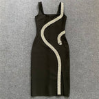 Asymmetrical Beaded Black Midi Dress H6152
