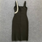 Asymmetrical Beaded Black Midi Dress H6152