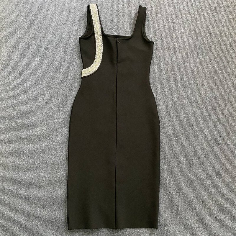 Asymmetrical Beaded Black Midi Dress H6152