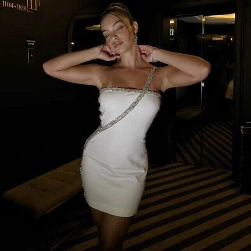 Asymmetrical Beaded White Mini Dress H6287