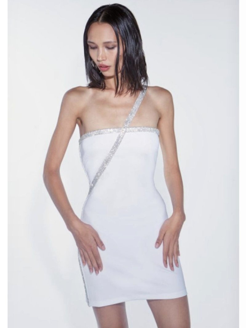 Asymmetrical Beaded White Mini Dress H6287