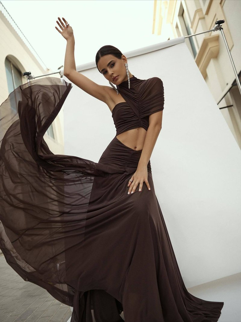 Asymmetrical Draped Brown Maxi Gown H7032