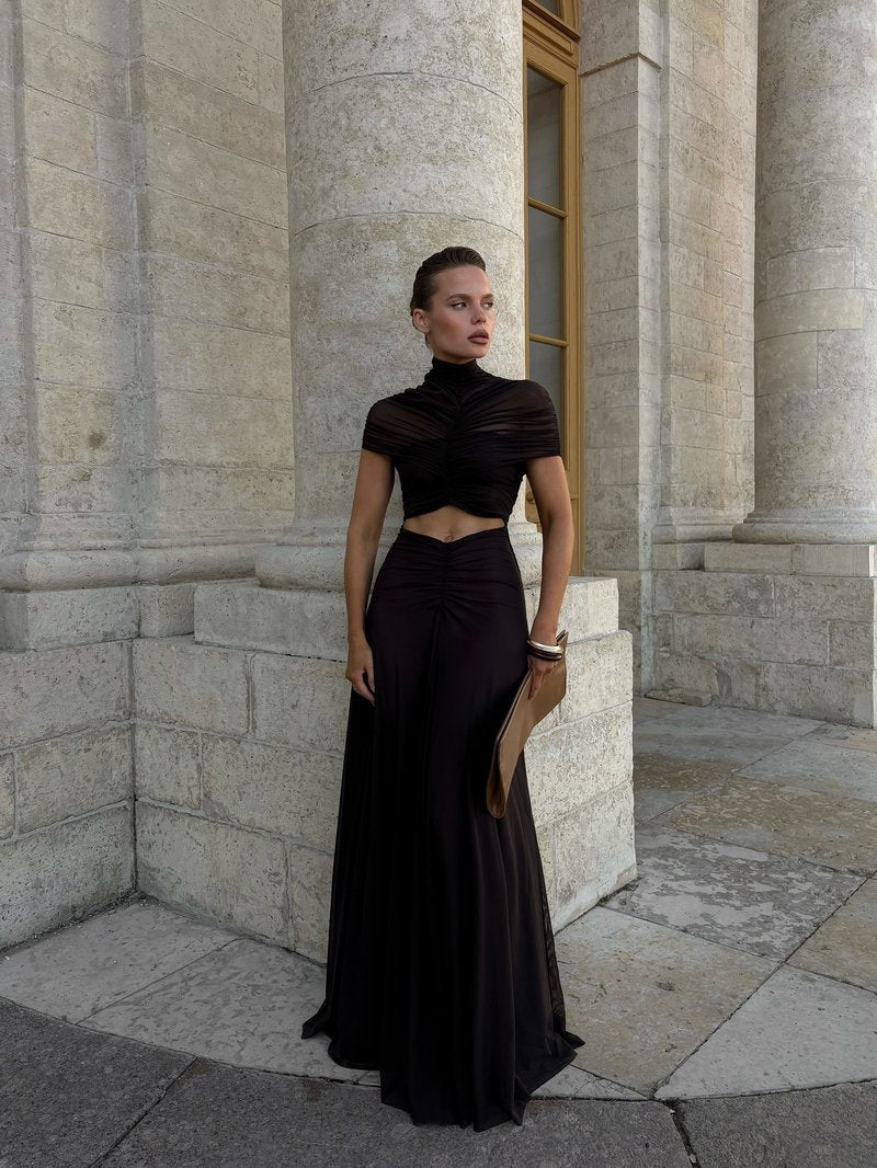 Asymmetrical Draped Brown Maxi Gown H7032