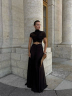 Asymmetrical Draped Brown Maxi Gown H7032