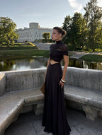 Asymmetrical Draped Brown Maxi Gown H7032