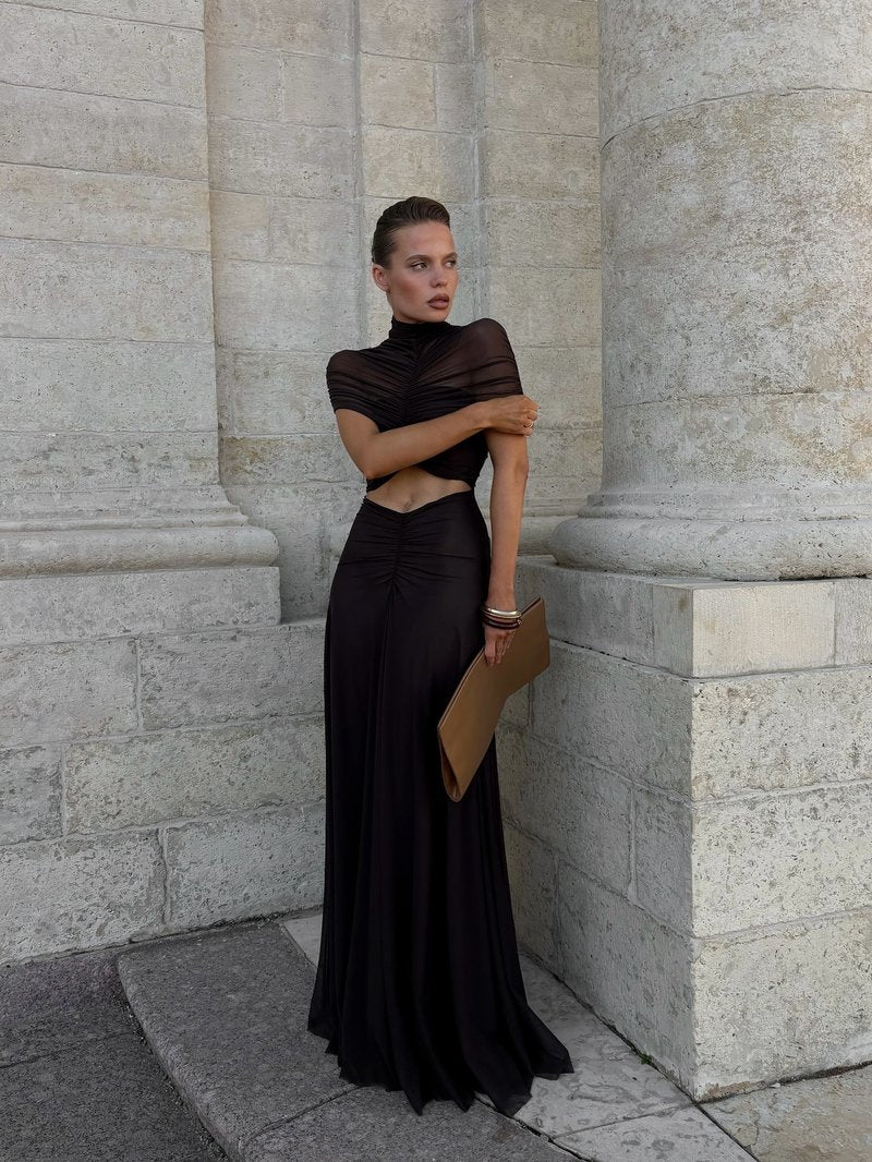 Asymmetrical Draped Brown Maxi Gown H7032