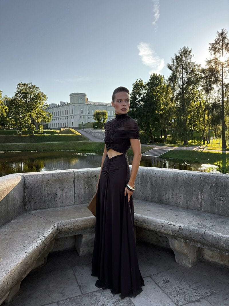 Asymmetrical Draped Brown Maxi Gown H7032