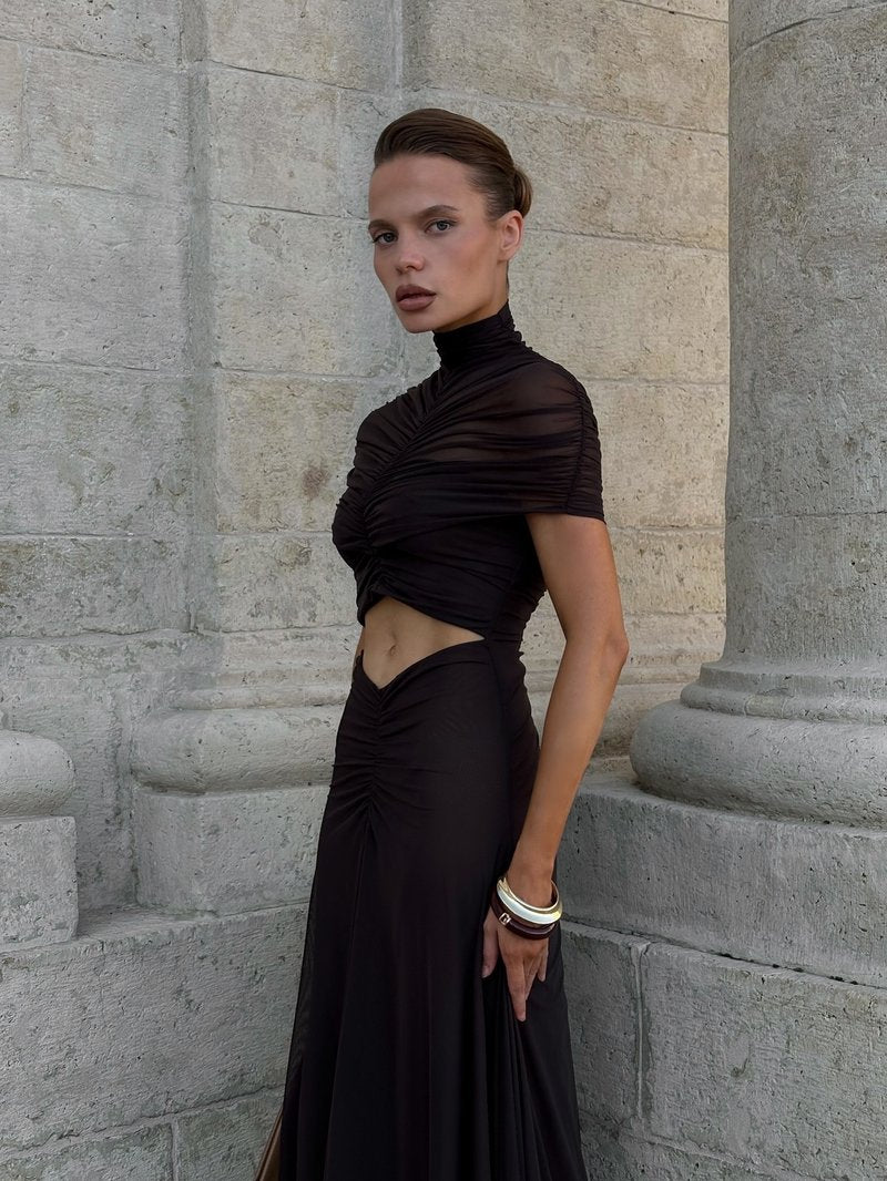 Asymmetrical Draped Brown Maxi Gown H7032