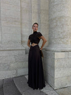 Asymmetrical Draped Brown Maxi Gown H7032