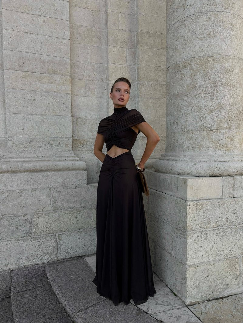 Asymmetrical Draped Brown Maxi Gown H7032