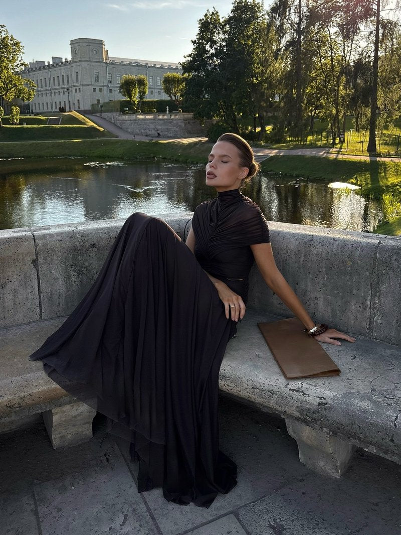Asymmetrical Draped Brown Maxi Gown H7032