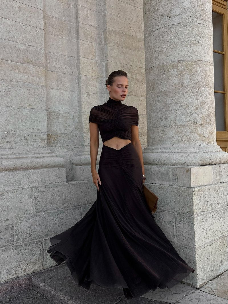 Asymmetrical Draped Brown Maxi Gown H7032