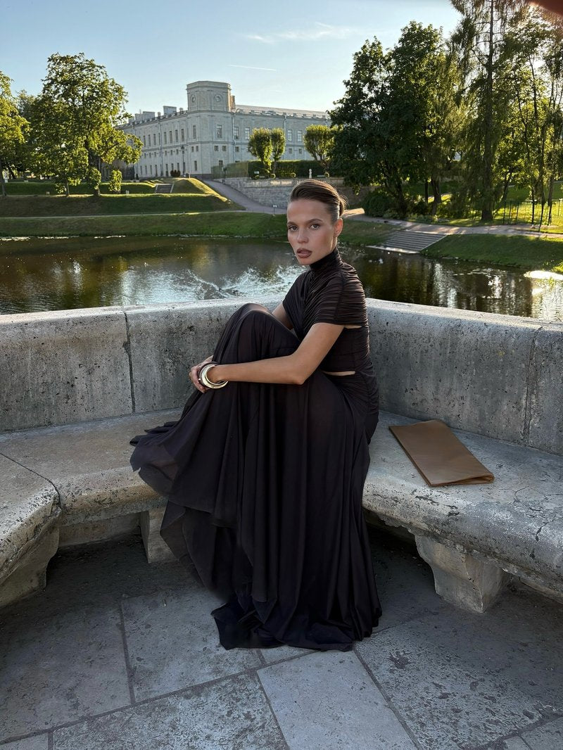 Asymmetrical Draped Brown Maxi Gown H7032