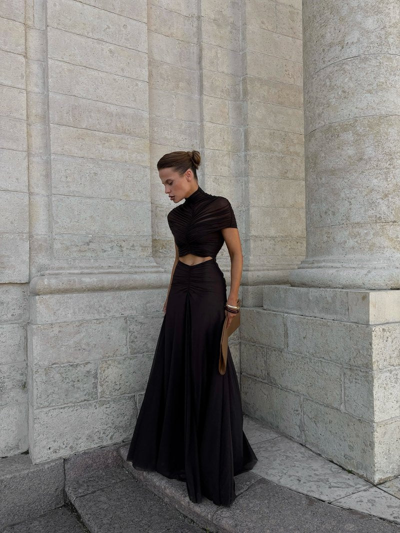 Asymmetrical Draped Brown Maxi Gown H7032