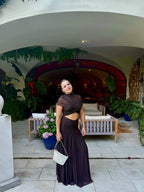 Asymmetrical Draped Brown Maxi Gown H7032