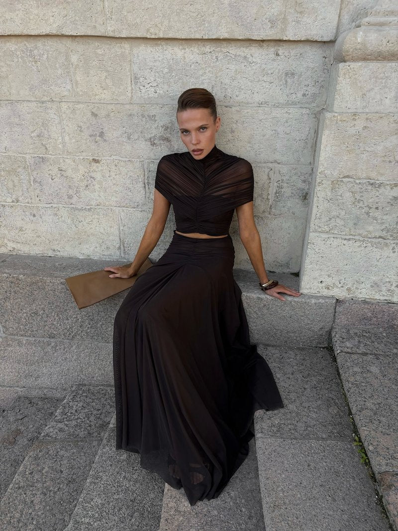 Asymmetrical Draped Brown Maxi Gown H7032