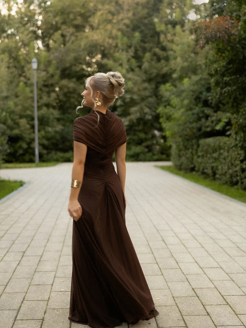 Asymmetrical Draped Brown Maxi Gown H7032