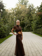 Asymmetrical Draped Brown Maxi Gown H7032