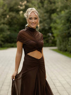 Asymmetrical Draped Brown Maxi Gown H7032