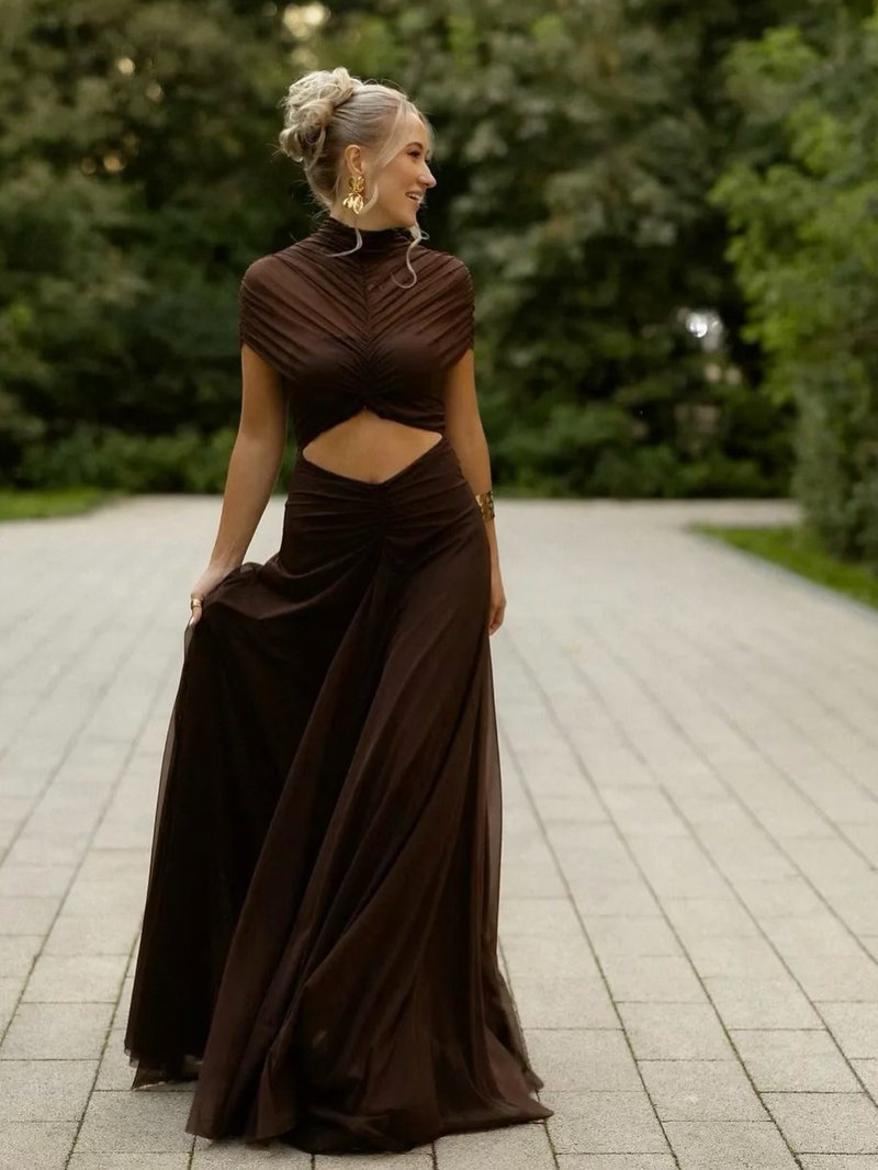 Asymmetrical Draped Brown Maxi Gown H7032