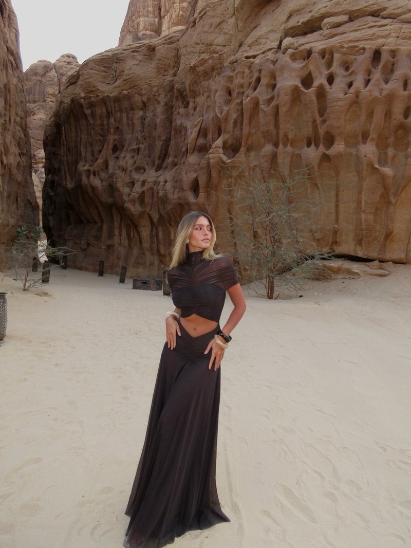 Asymmetrical Draped Brown Maxi Gown H7032