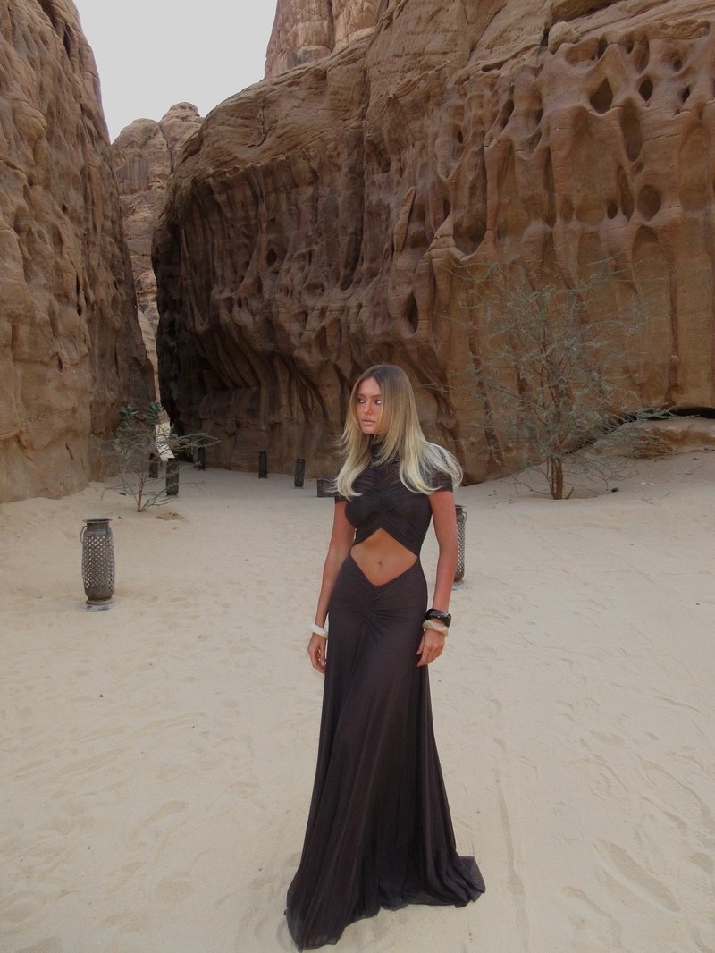 Asymmetrical Draped Brown Maxi Gown H7032