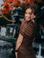 Asymmetrical Draped Brown Maxi Gown H7032
