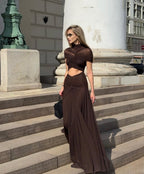 Asymmetrical Draped Brown Maxi Gown H7032