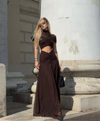 Asymmetrical Draped Brown Maxi Gown H7032