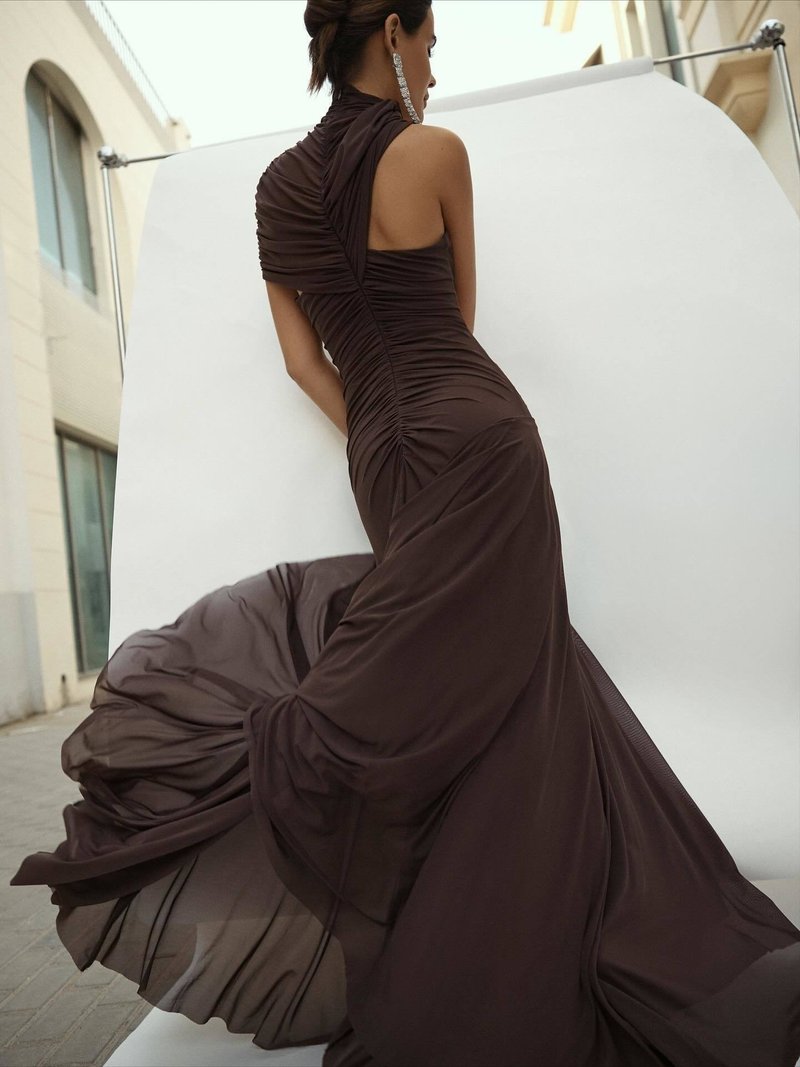 Asymmetrical Draped Brown Maxi Gown H7032