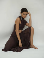 Asymmetrical Draped Brown Maxi Gown H7032
