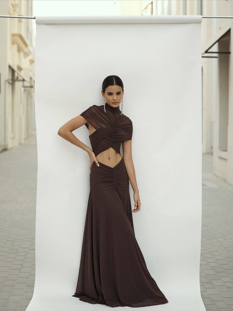 Asymmetrical Draped Brown Maxi Gown H7032