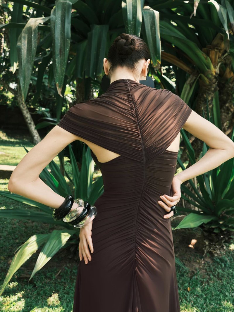 Asymmetrical Draped Brown Maxi Gown H7032