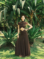 Asymmetrical Draped Brown Maxi Gown H7032