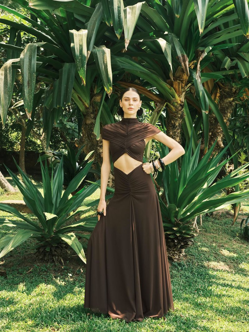Asymmetrical Draped Brown Maxi Gown H7032