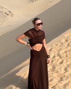Asymmetrical Draped Brown Maxi Gown H7032
