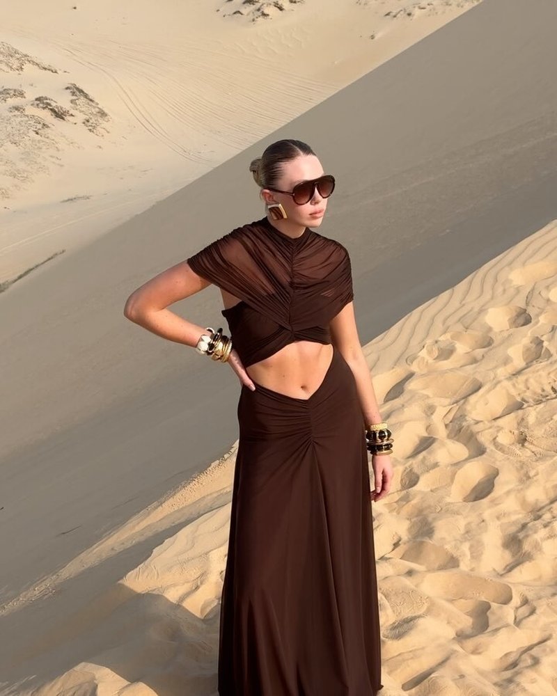 Asymmetrical Draped Brown Maxi Gown H7032