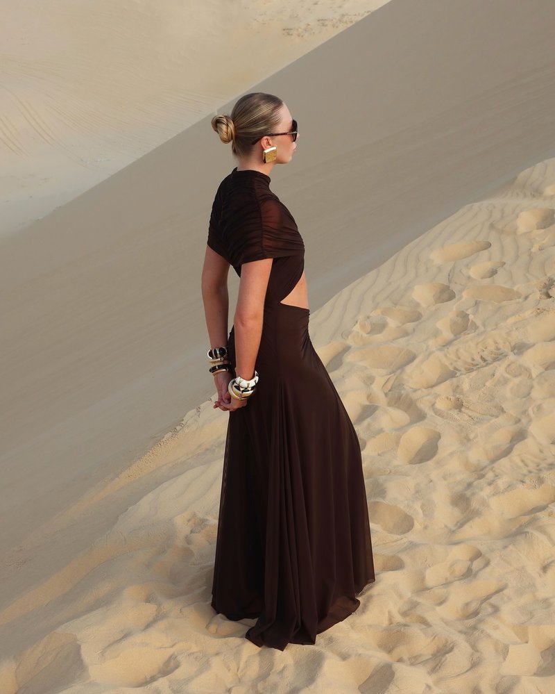Asymmetrical Draped Brown Maxi Gown H7032