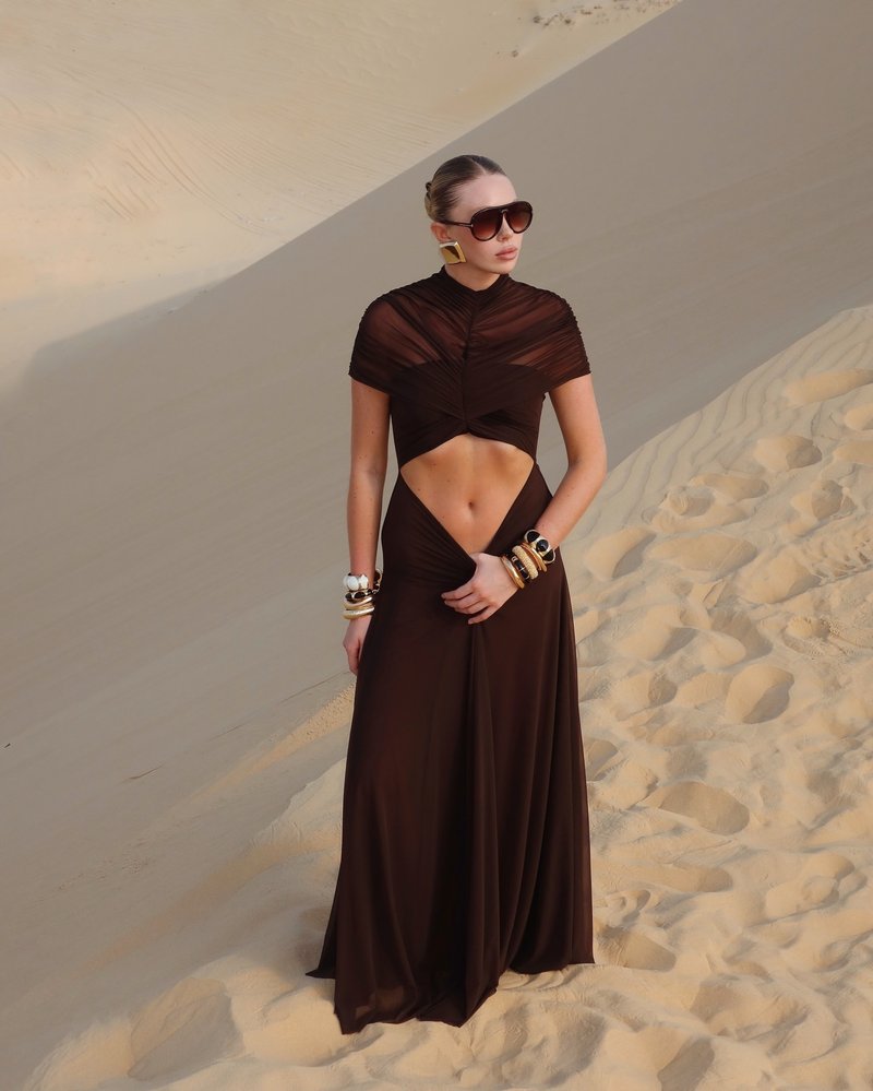 Asymmetrical Draped Brown Maxi Gown H7032